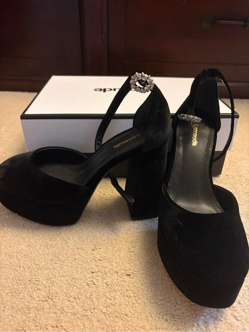 Larroude Black Velvet Platform Ankle-Strap Heels with Crystal Buckle